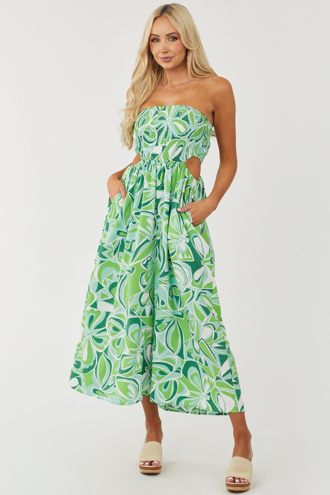 Lime Abstract Print Strapless Smocked Jumpsuit