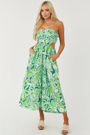 Lime Abstract Print Strapless Smocked Jumpsuit