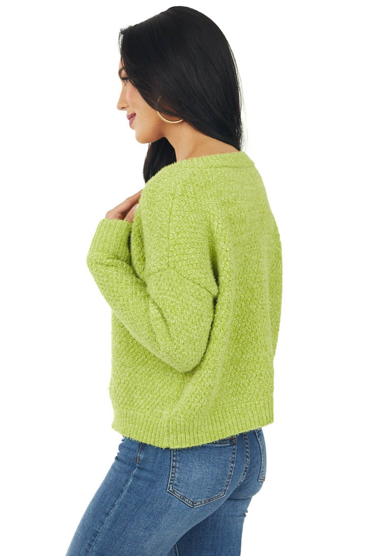 Lime Chenille V Neck Slight Crop Sweater