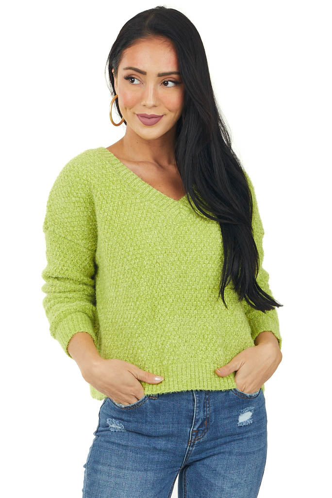 Lime Chenille V Neck Slight Crop Sweater
