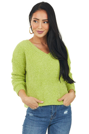 Lime Chenille V Neck Slight Crop Sweater