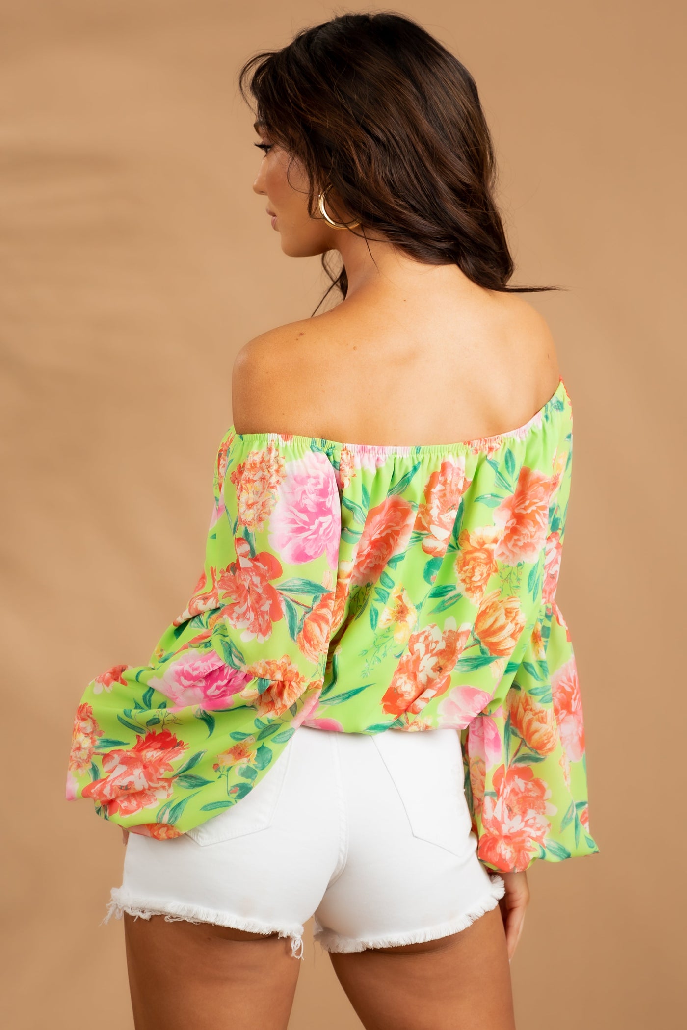 Lime Floral Off the Shoulder Long Sleeve Blouse