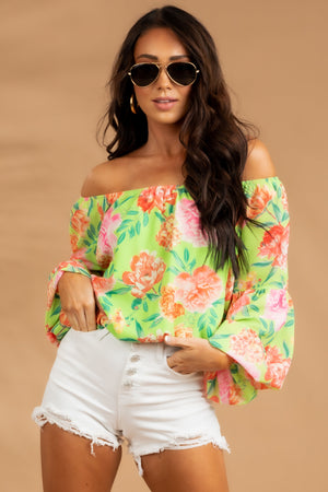 Lime Floral Off the Shoulder Long Sleeve Blouse