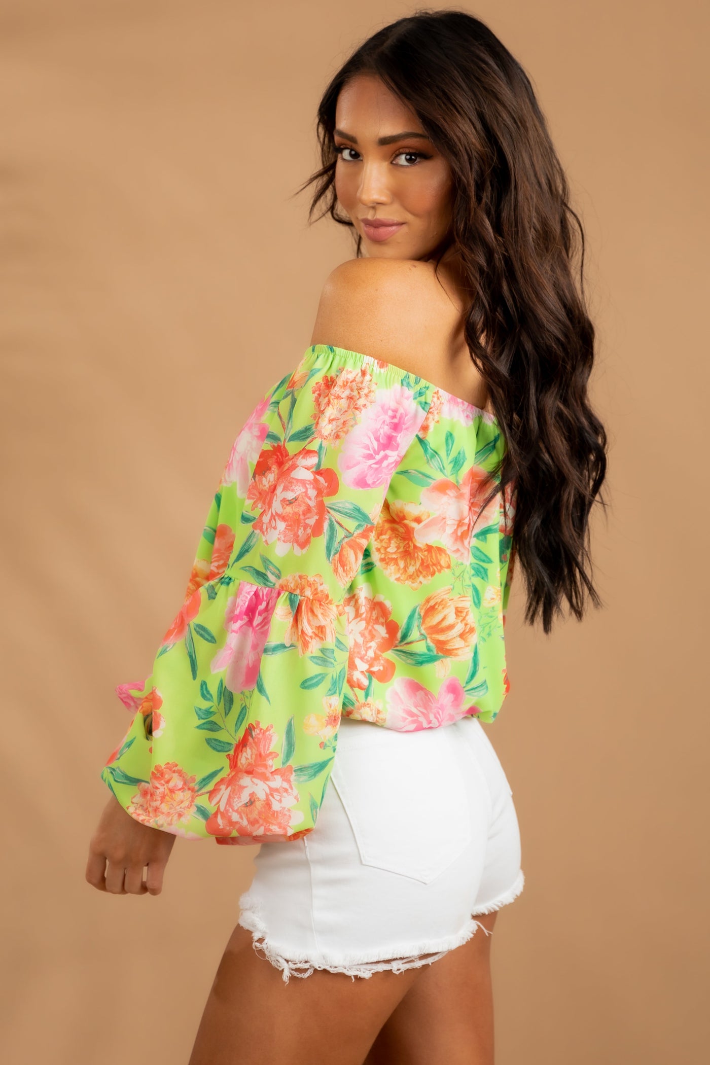 Lime Floral Off the Shoulder Long Sleeve Blouse