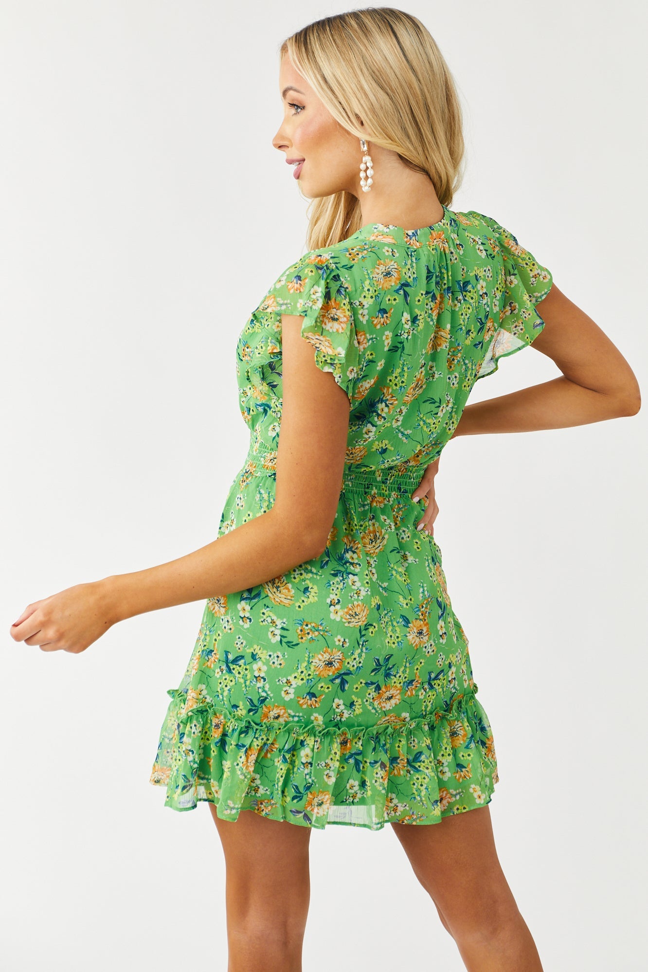 Lime Floral Surplice Smocked Waist Mini Dress