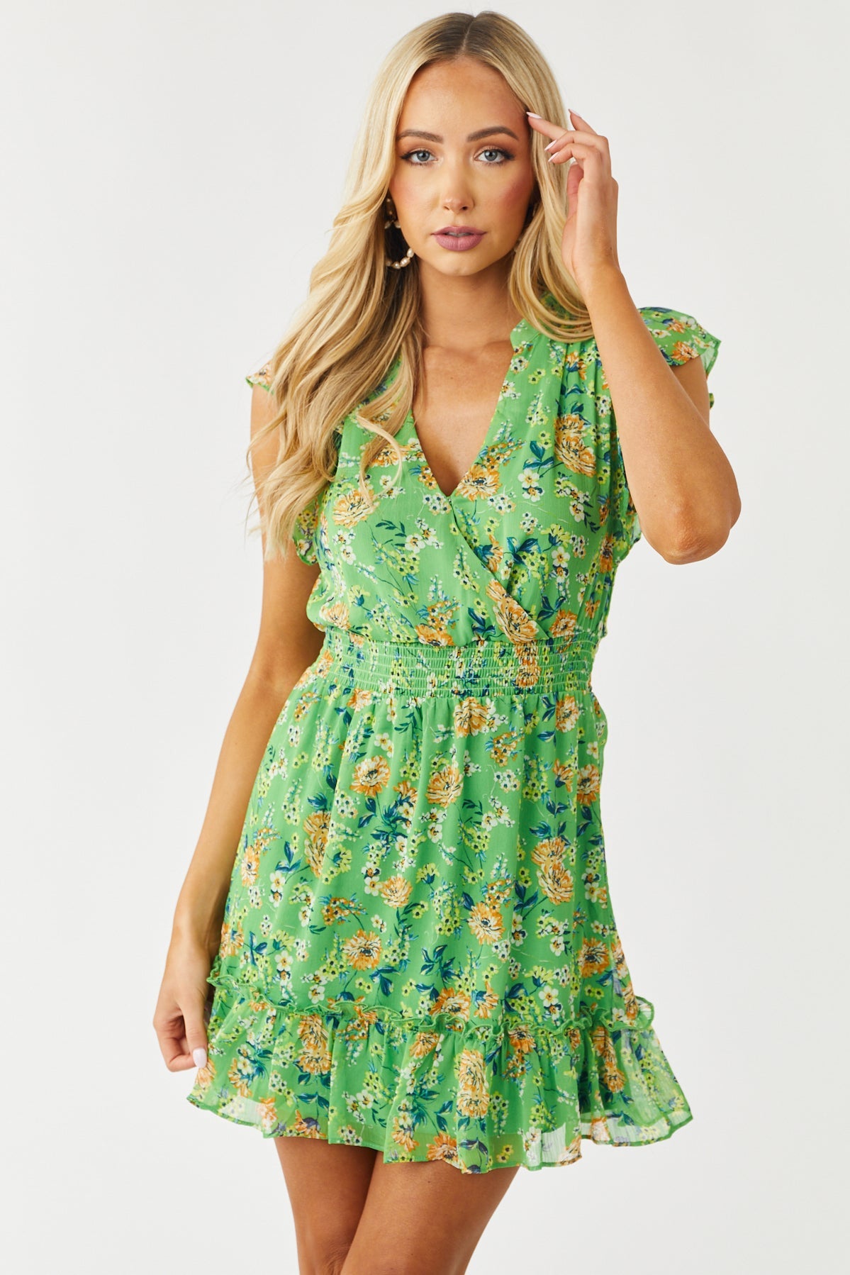 Lime Floral Surplice Smocked Waist Mini Dress