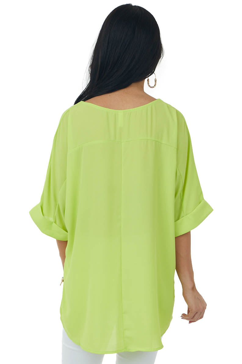 Lime Green Half Cuffed Sleeve Side Slit Blouse