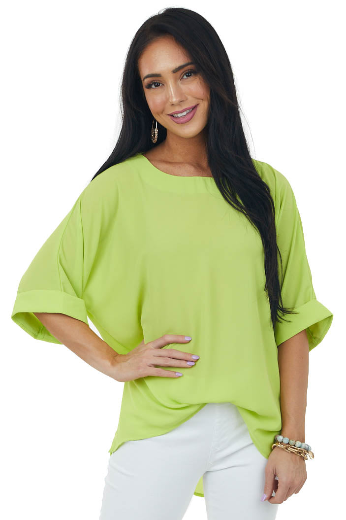 Lime Green Half Cuffed Sleeve Side Slit Blouse