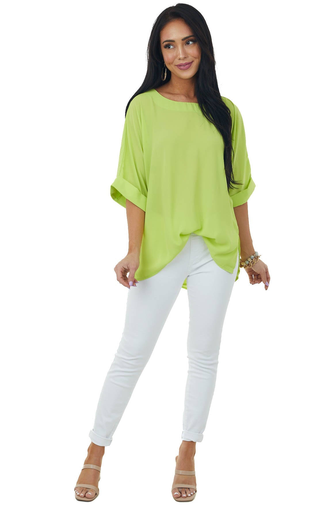 Lime Green Half Cuffed Sleeve Side Slit Blouse