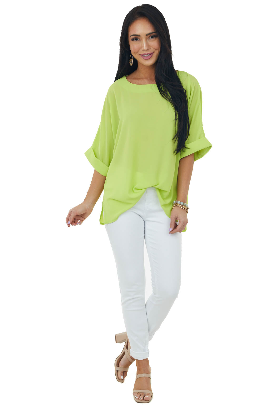 Lime Green Half Cuffed Sleeve Side Slit Blouse