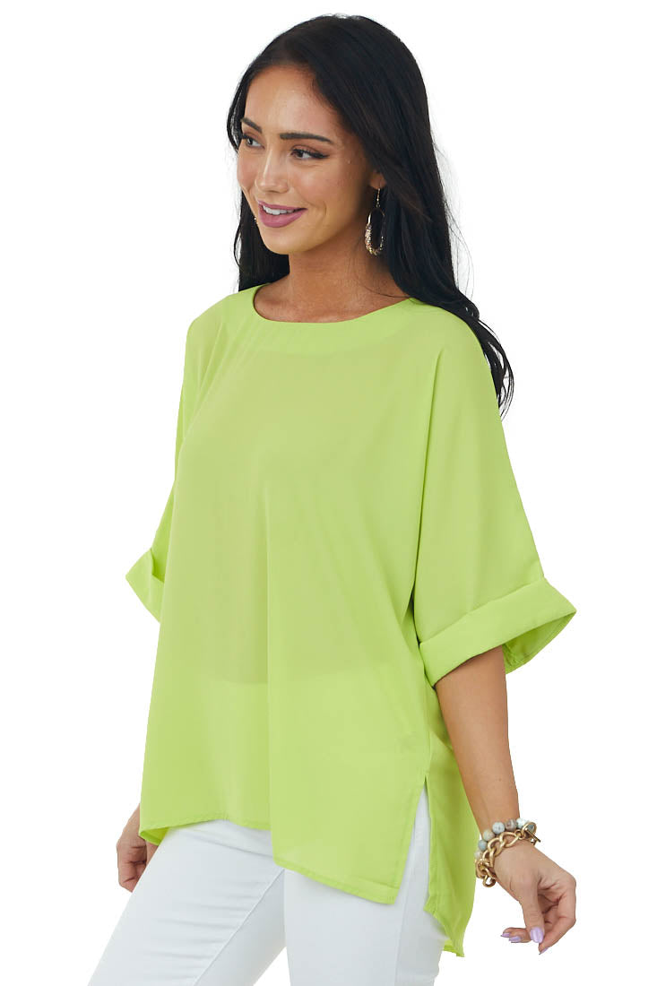 Lime Green Half Cuffed Sleeve Side Slit Blouse