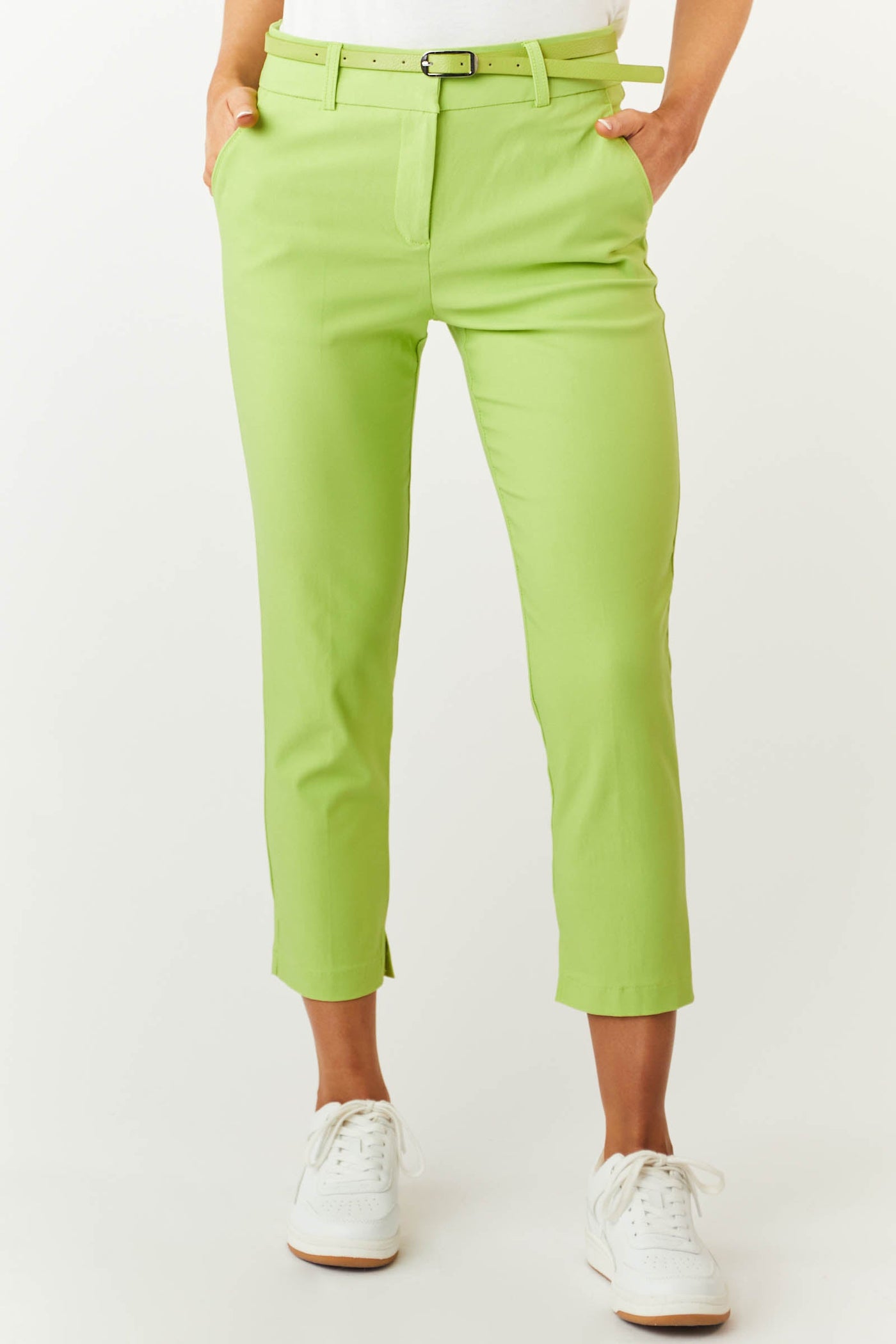 Lime Green Skinny Cropped Pants with Belt