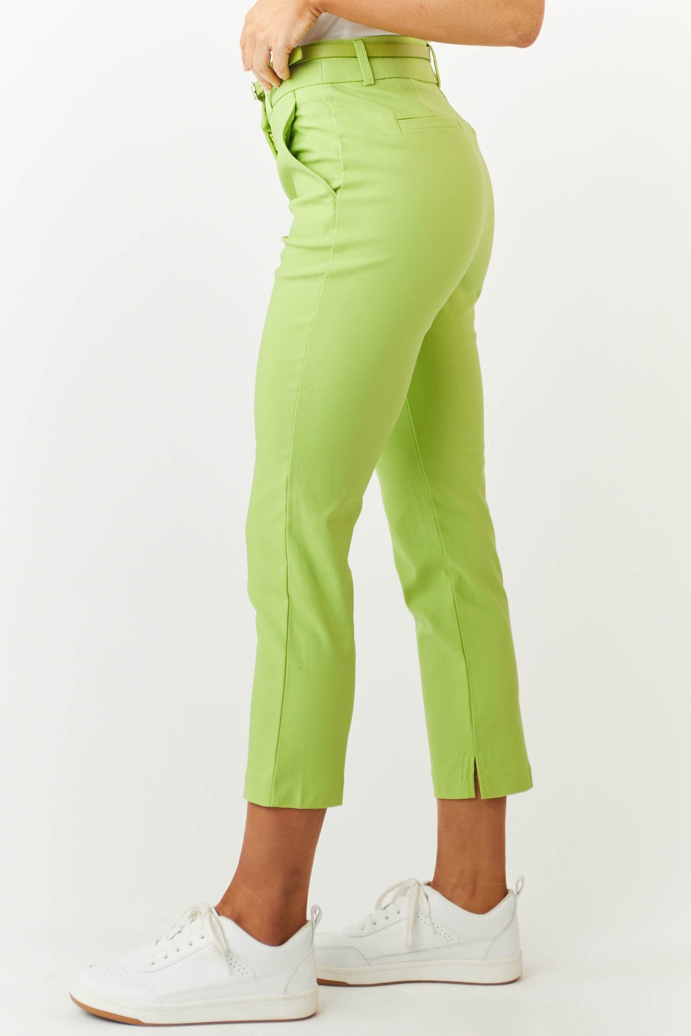 Lime Green Skinny Cropped Pants with Belt