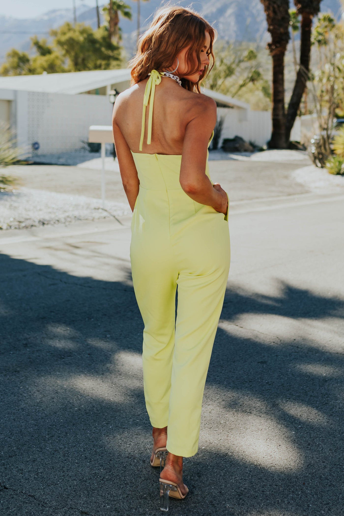 Lime Straight Leg Acrylic Chain Halter Jumpsuit