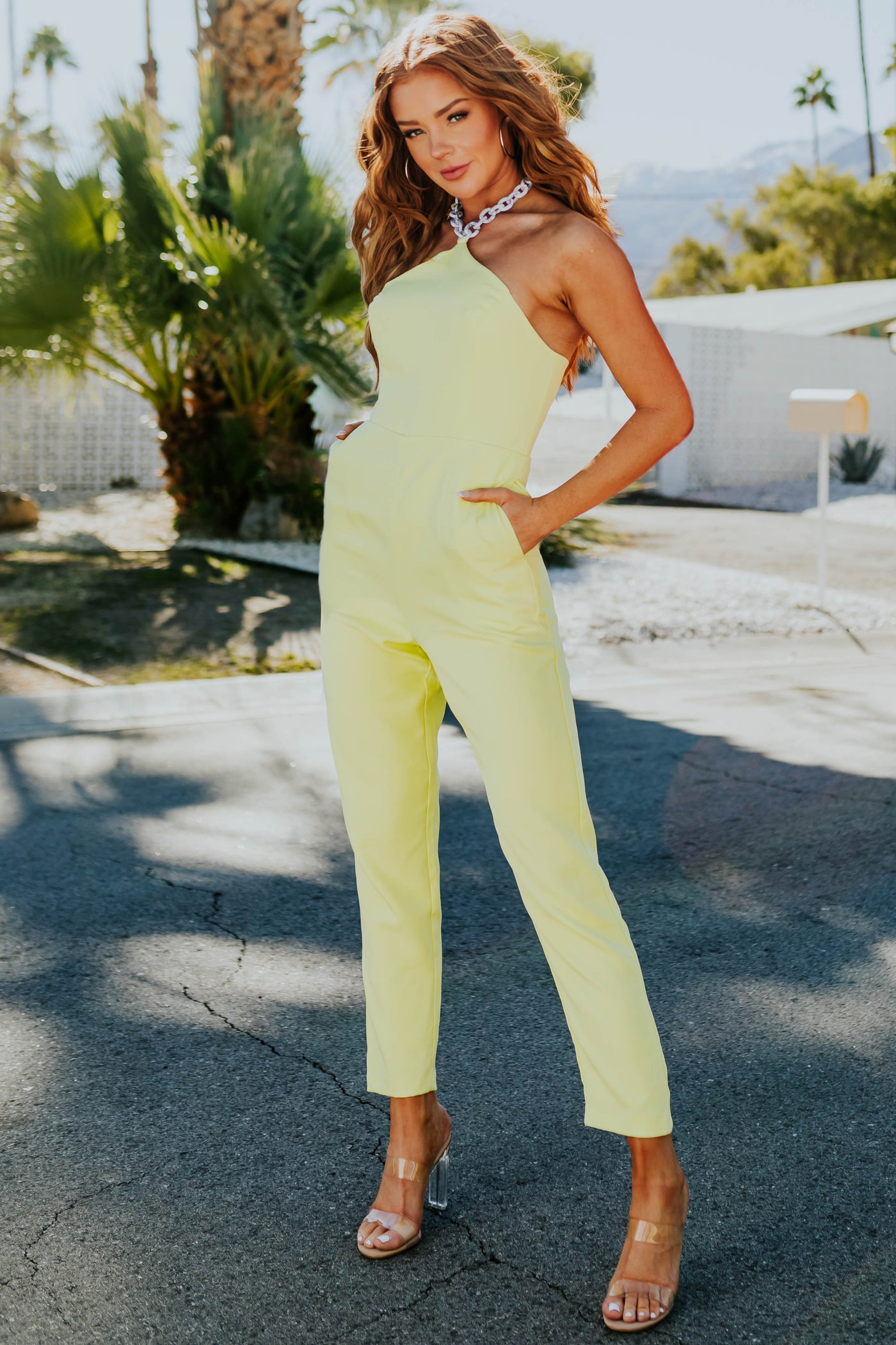 Lime Straight Leg Acrylic Chain Halter Jumpsuit