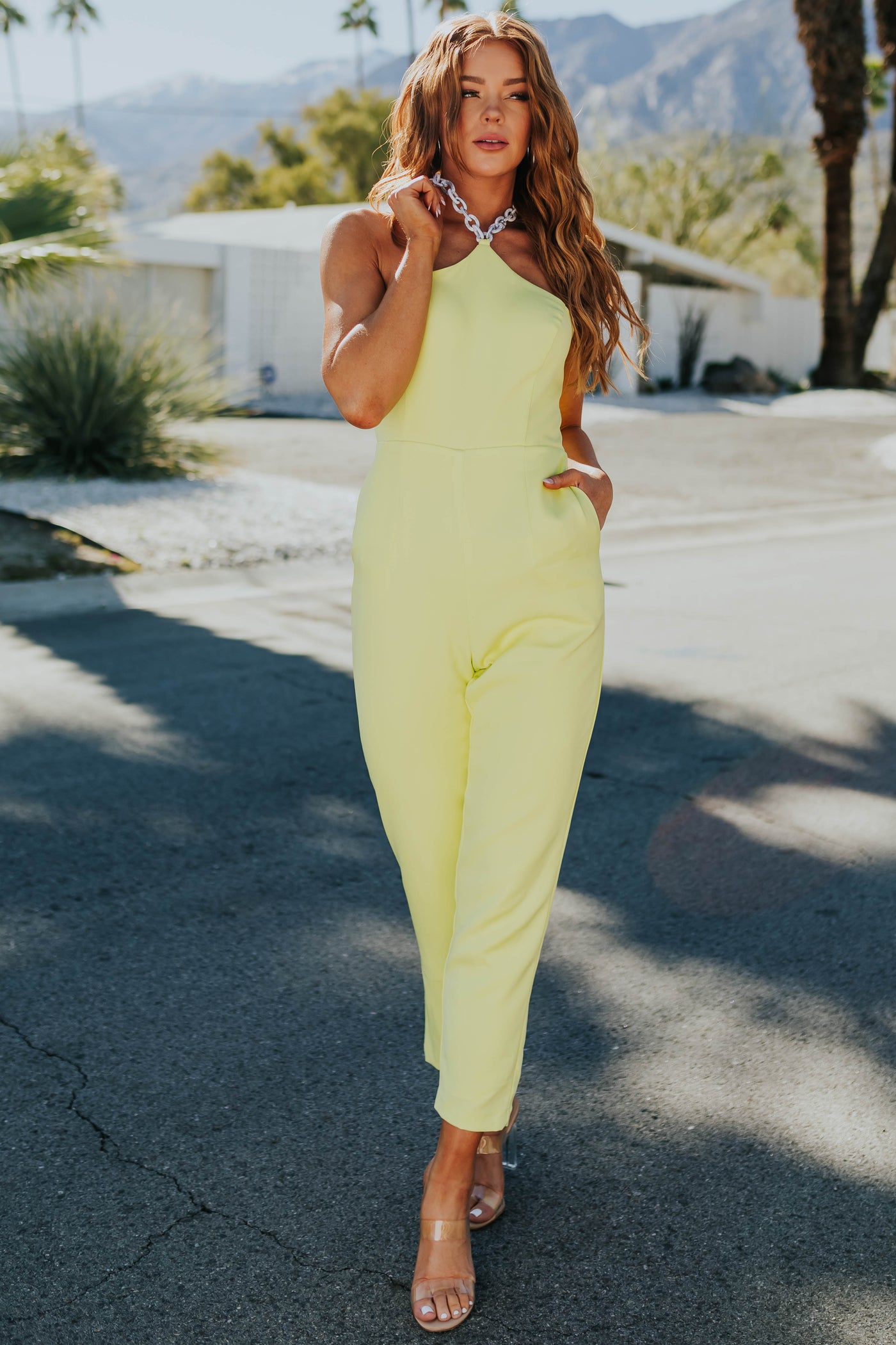 Lime Straight Leg Acrylic Chain Halter Jumpsuit