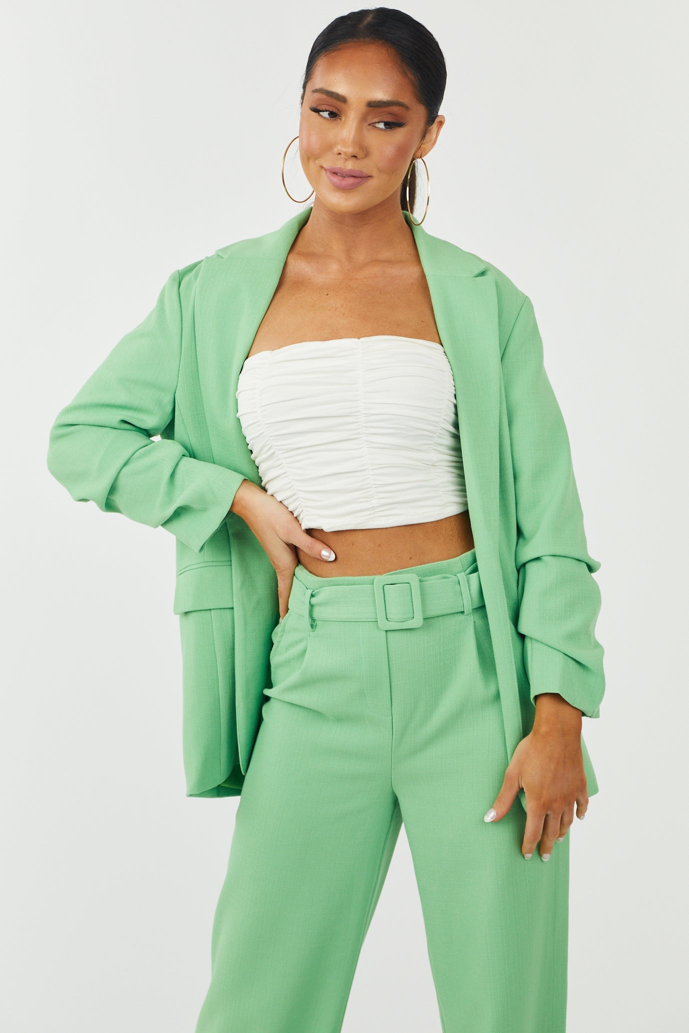 Lime Tweed 3/4 Ruched Sleeve Blazer