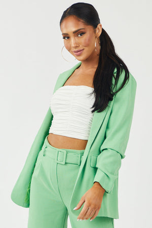 Lime Tweed 3/4 Ruched Sleeve Blazer