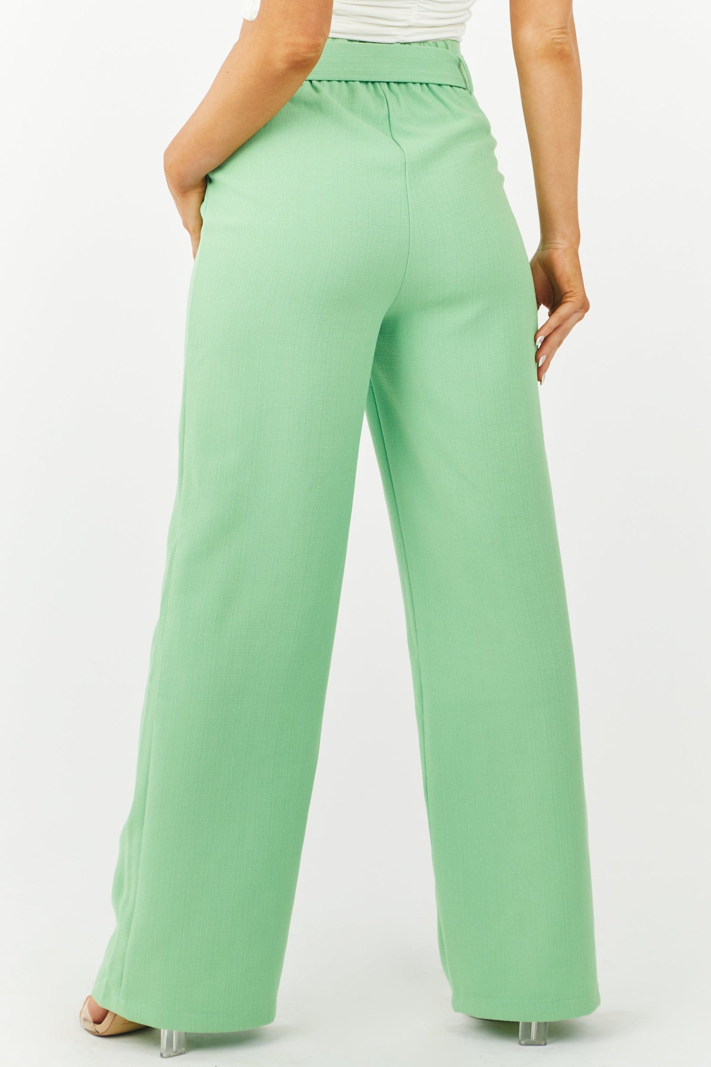 Lime Tweed Wide Leg Pants with Square Buckle Belt