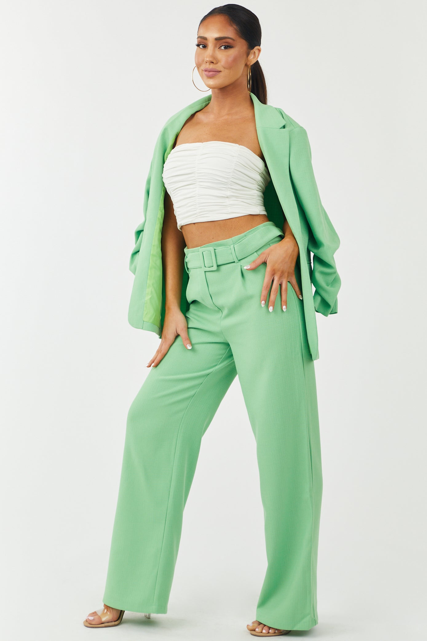Lime Tweed Wide Leg Pants with Square Buckle Belt