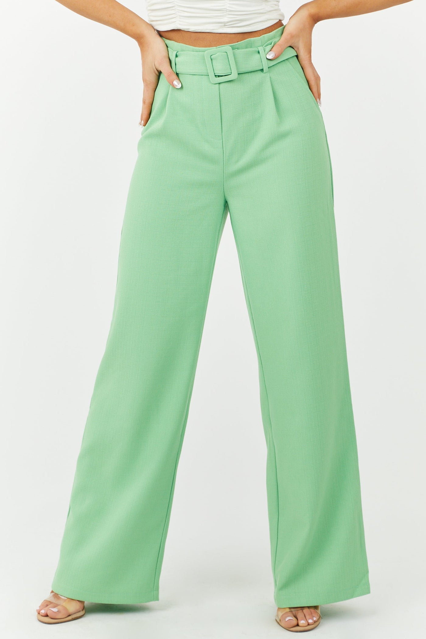 Lime Tweed Wide Leg Pants with Square Buckle Belt