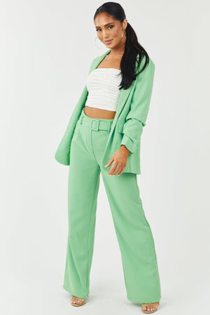 Lime Tweed Wide Leg Pants with Square Buckle Belt