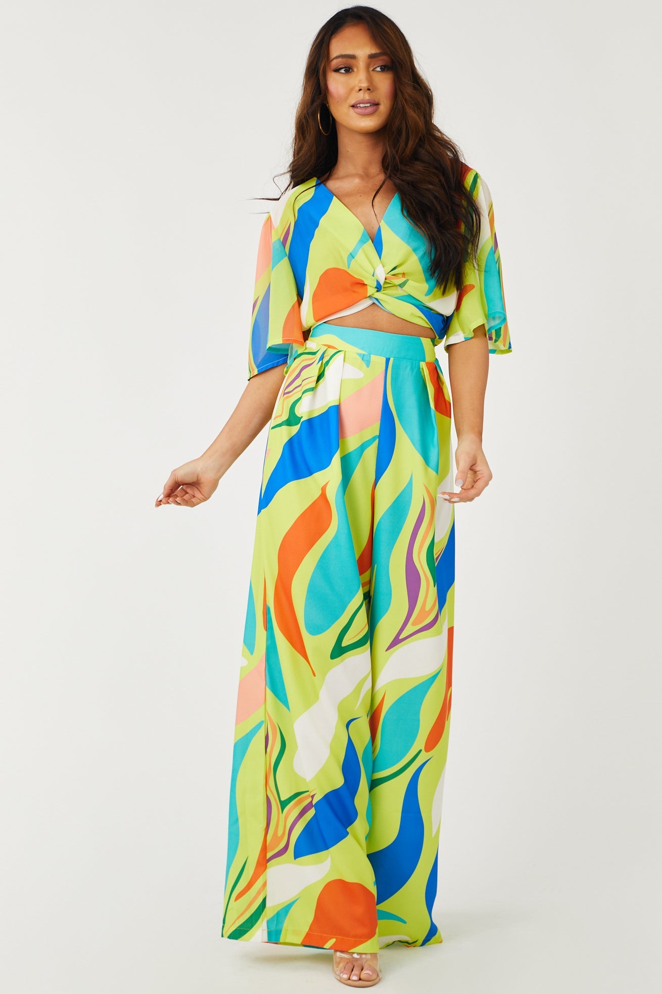 Lime Wide Leg Abstract Print Woven Pants