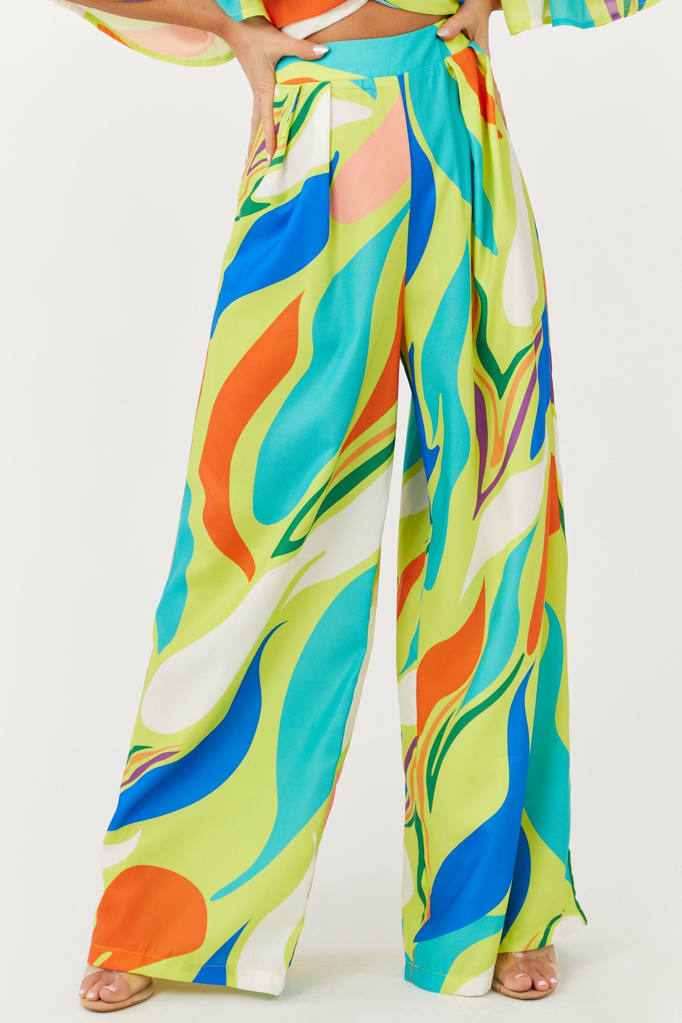 Lime Wide Leg Abstract Print Woven Pants