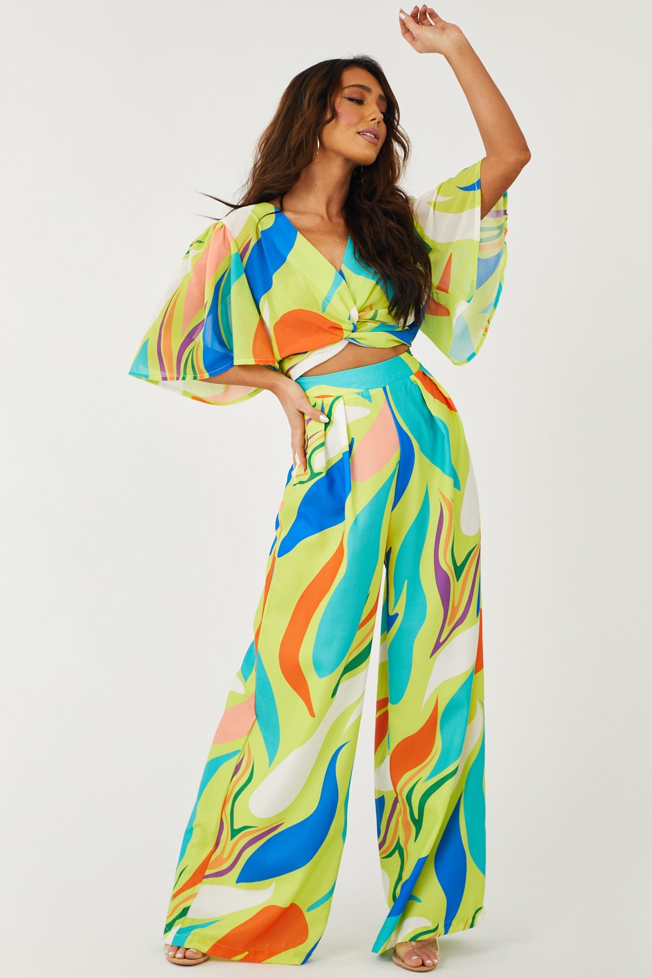 Lime Wide Leg Abstract Print Woven Pants