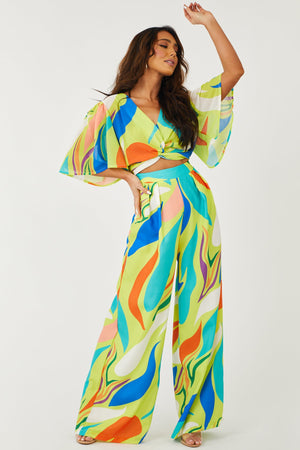 Lime Wide Leg Abstract Print Woven Pants