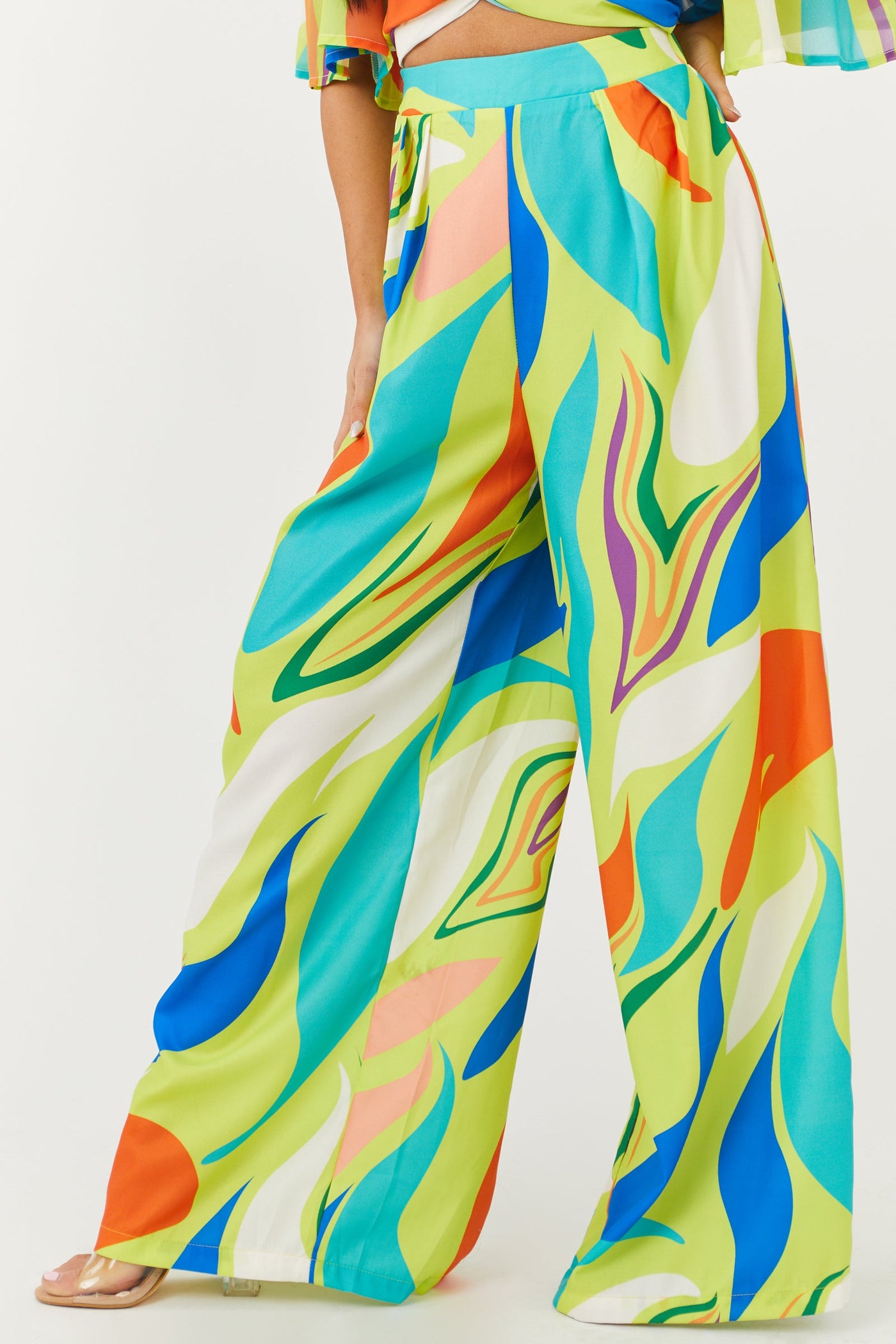 Lime Wide Leg Abstract Print Woven Pants