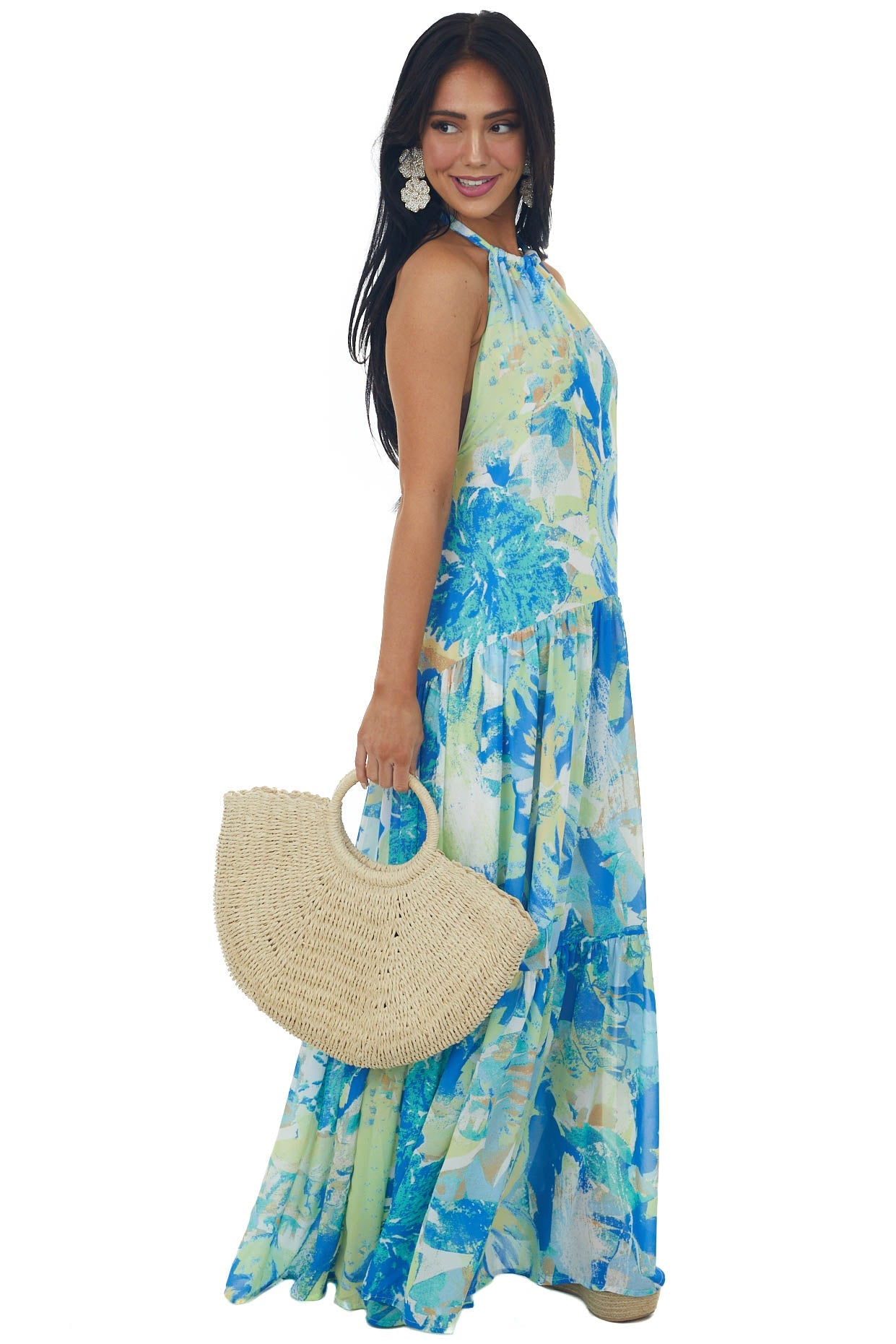 Lime and Royal Blue Abstract Print Maxi Dress
