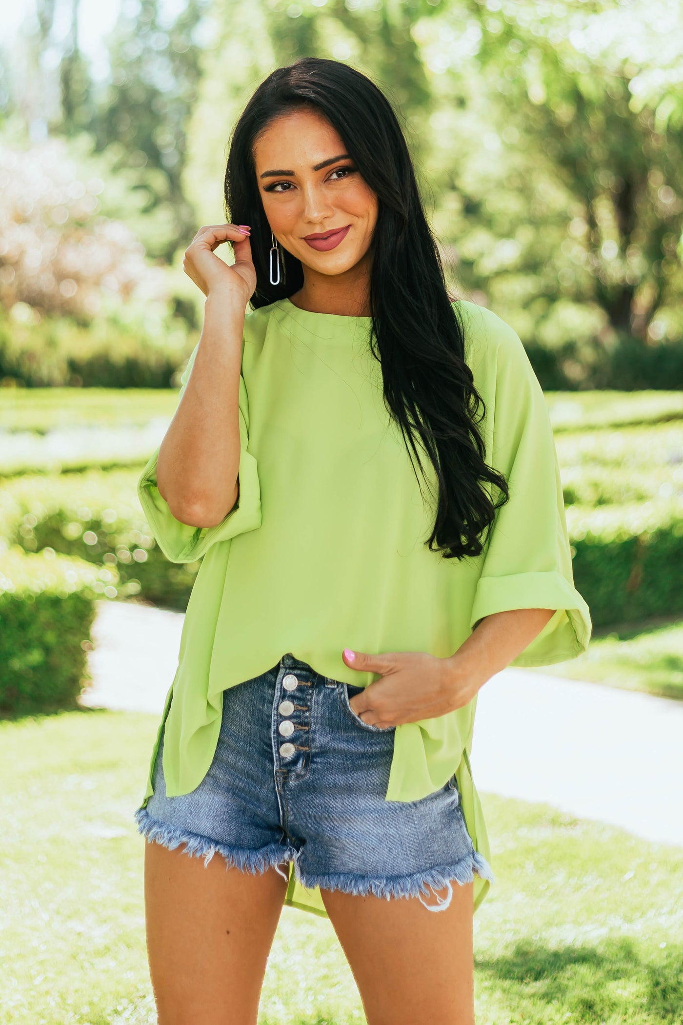Lime Green Half Cuffed Sleeve Side Slit Blouse