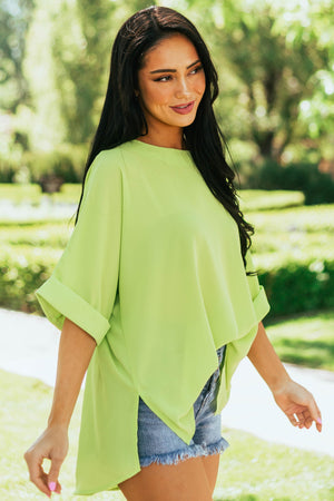 Lime Green Half Cuffed Sleeve Side Slit Blouse