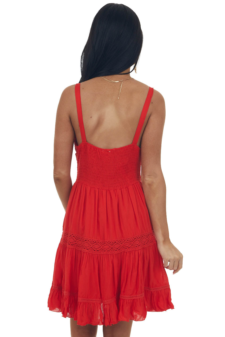 Lipstick Crochet Lace V Neck Ruffle Hem Dress