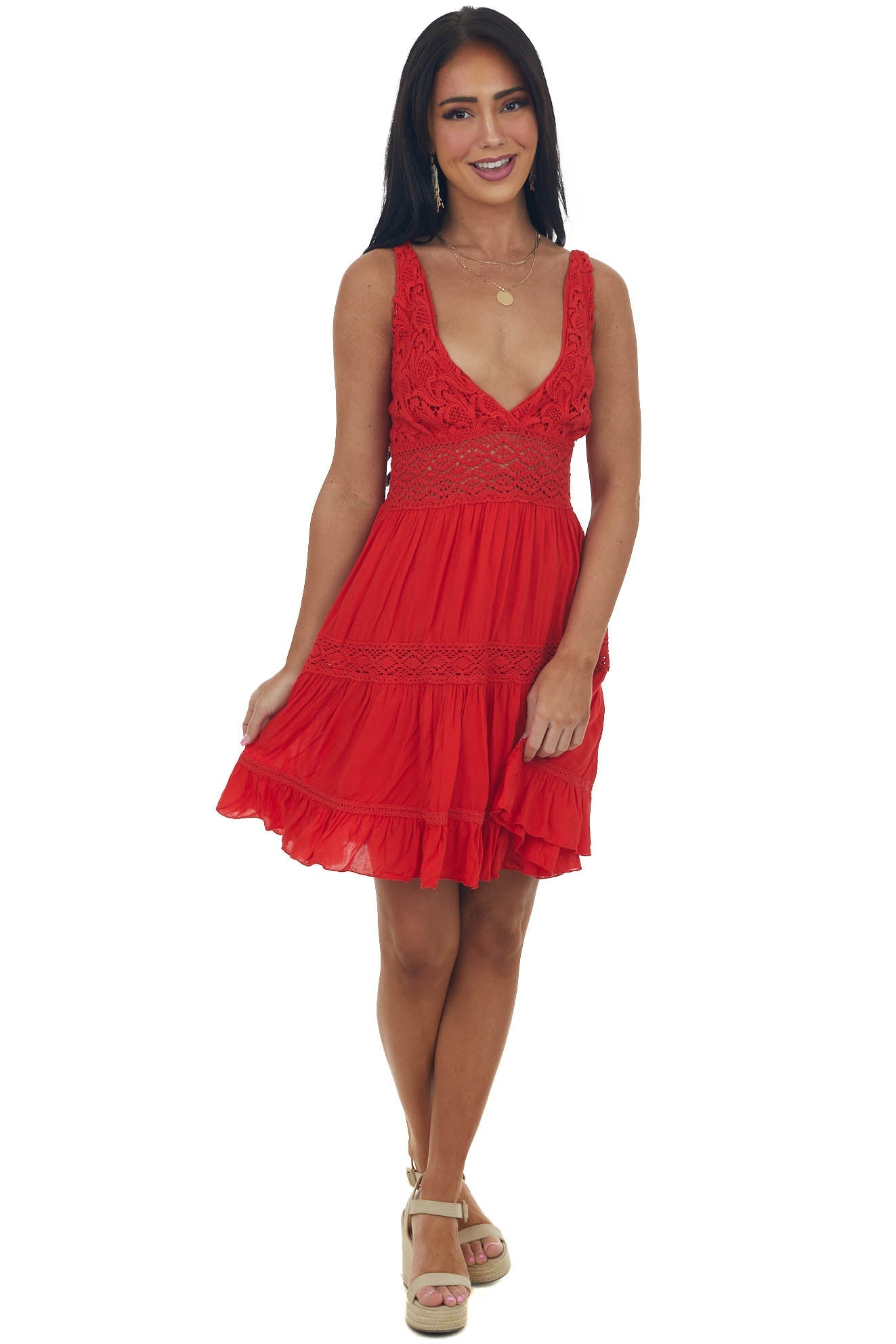 Lipstick Crochet Lace V Neck Ruffle Hem Dress