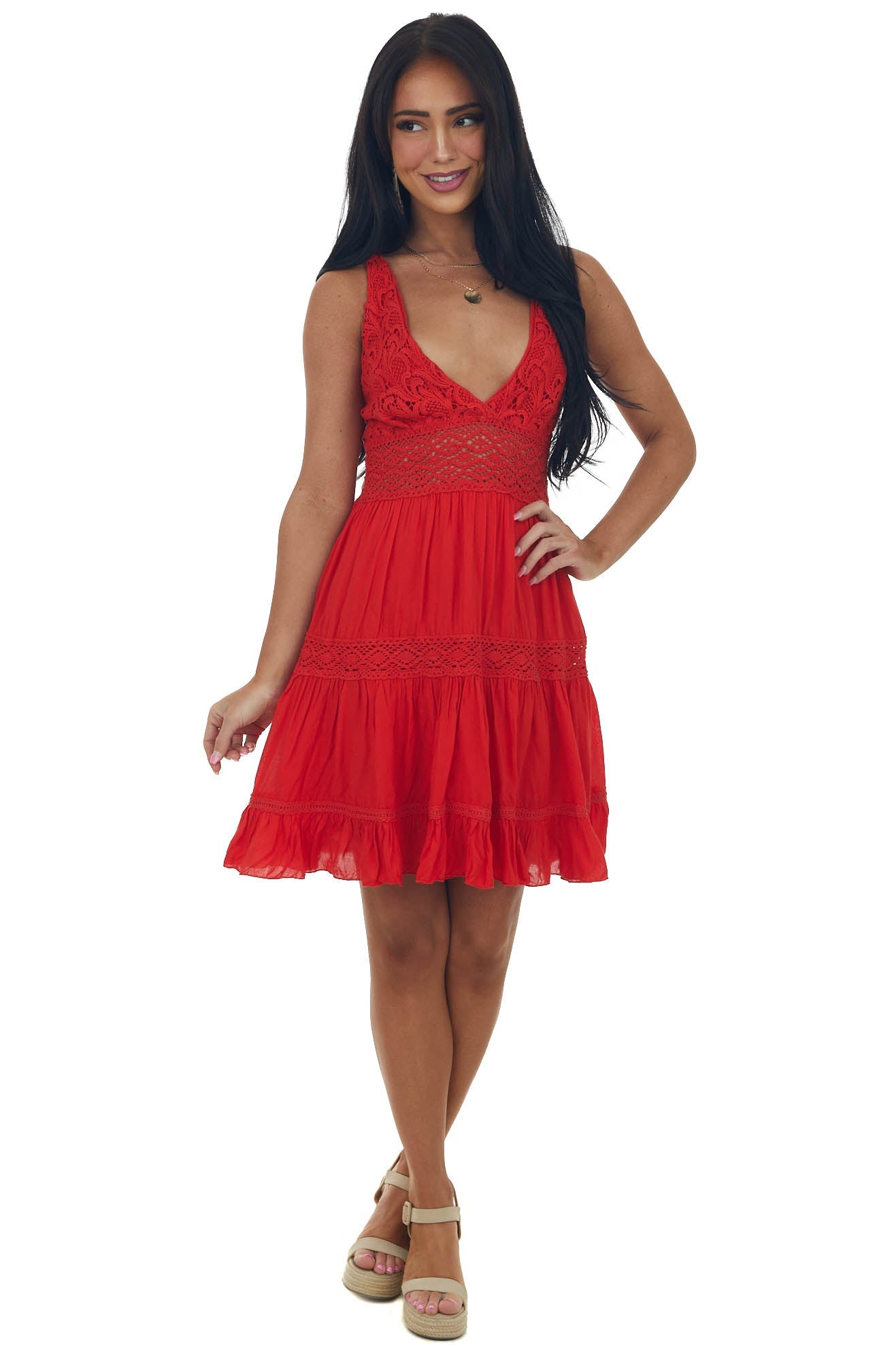 Lipstick Crochet Lace V Neck Ruffle Hem Dress