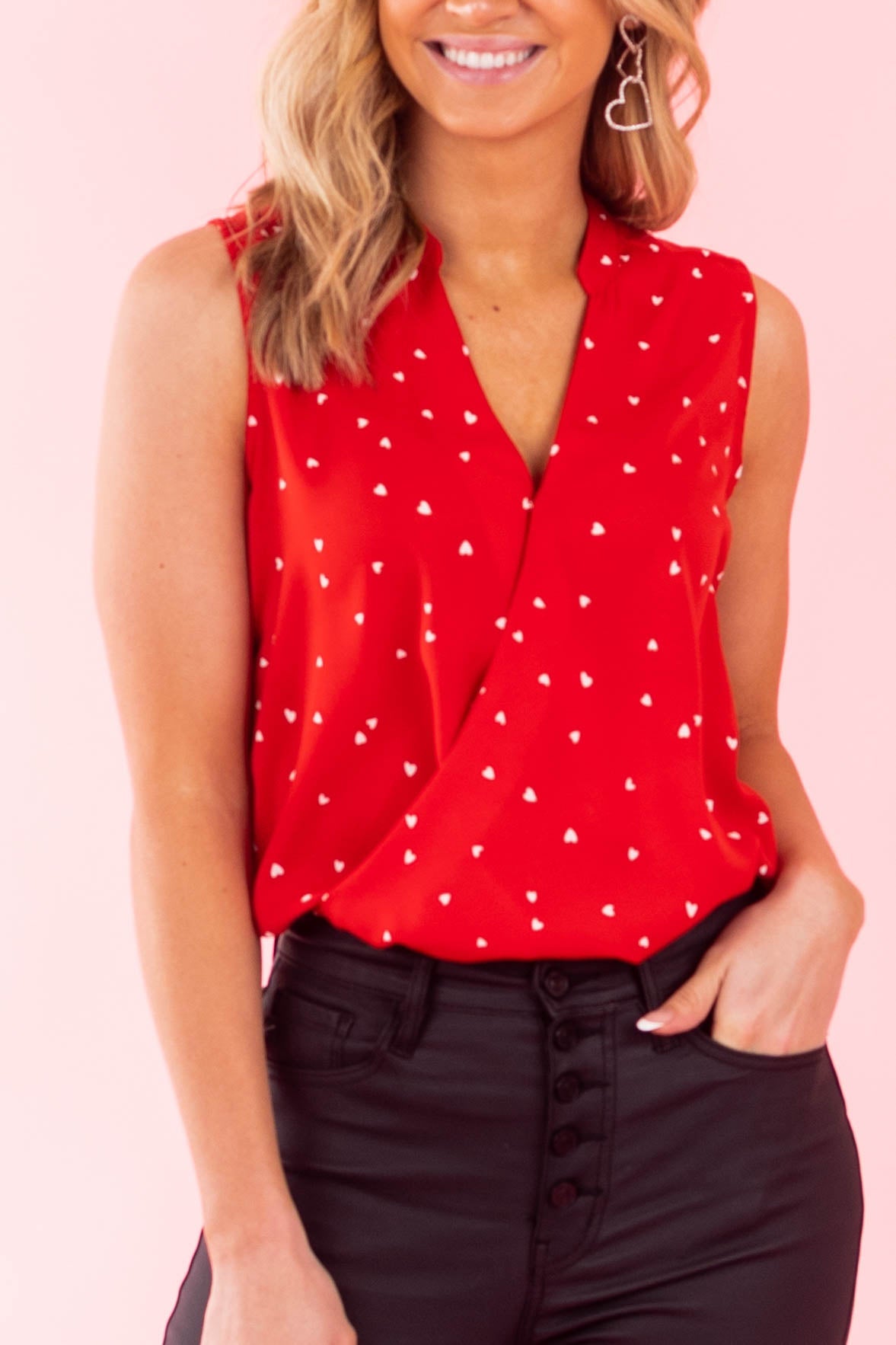Lipstick Heart Print Notch Neck Surplice Tank