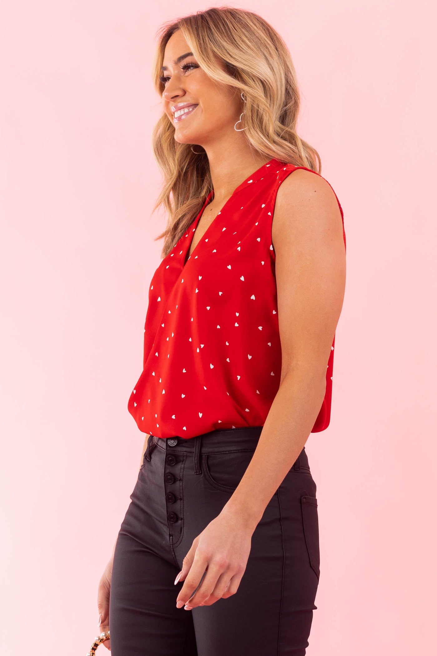 Lipstick Heart Print Notch Neck Surplice Tank