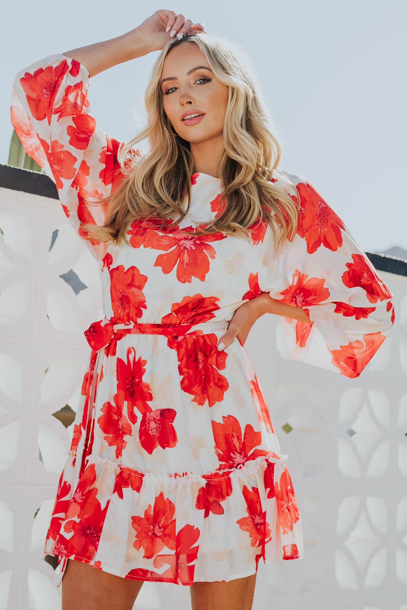 Lipstick Red Floral Long Bubble Sleeve Woven Dress