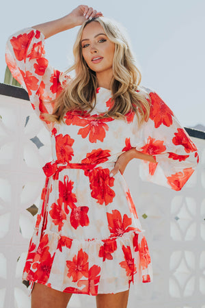 Lipstick Red Floral Long Bubble Sleeve Woven Dress
