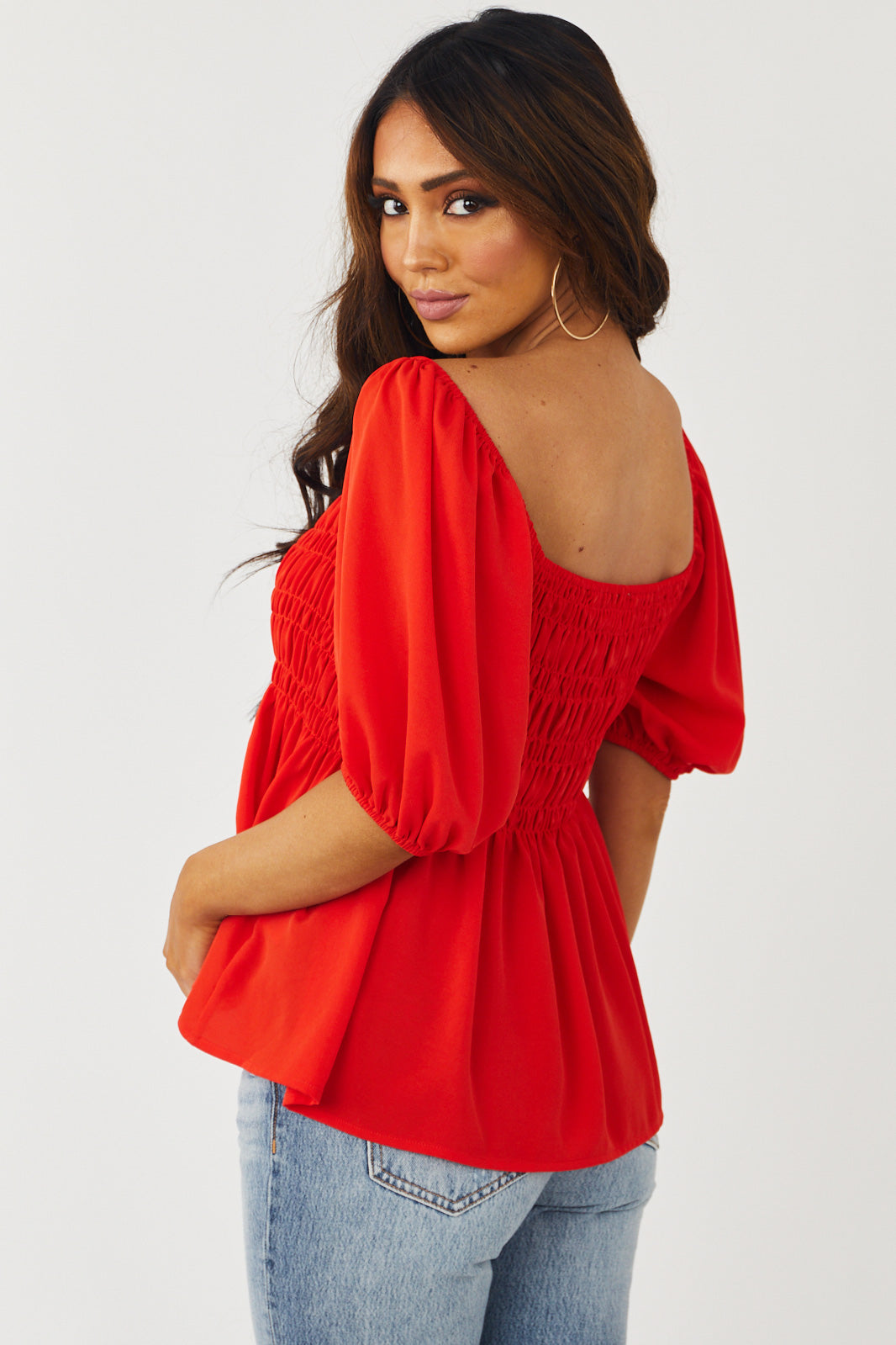 Lipstick Red Half Sleeve Smocked Peplum Top