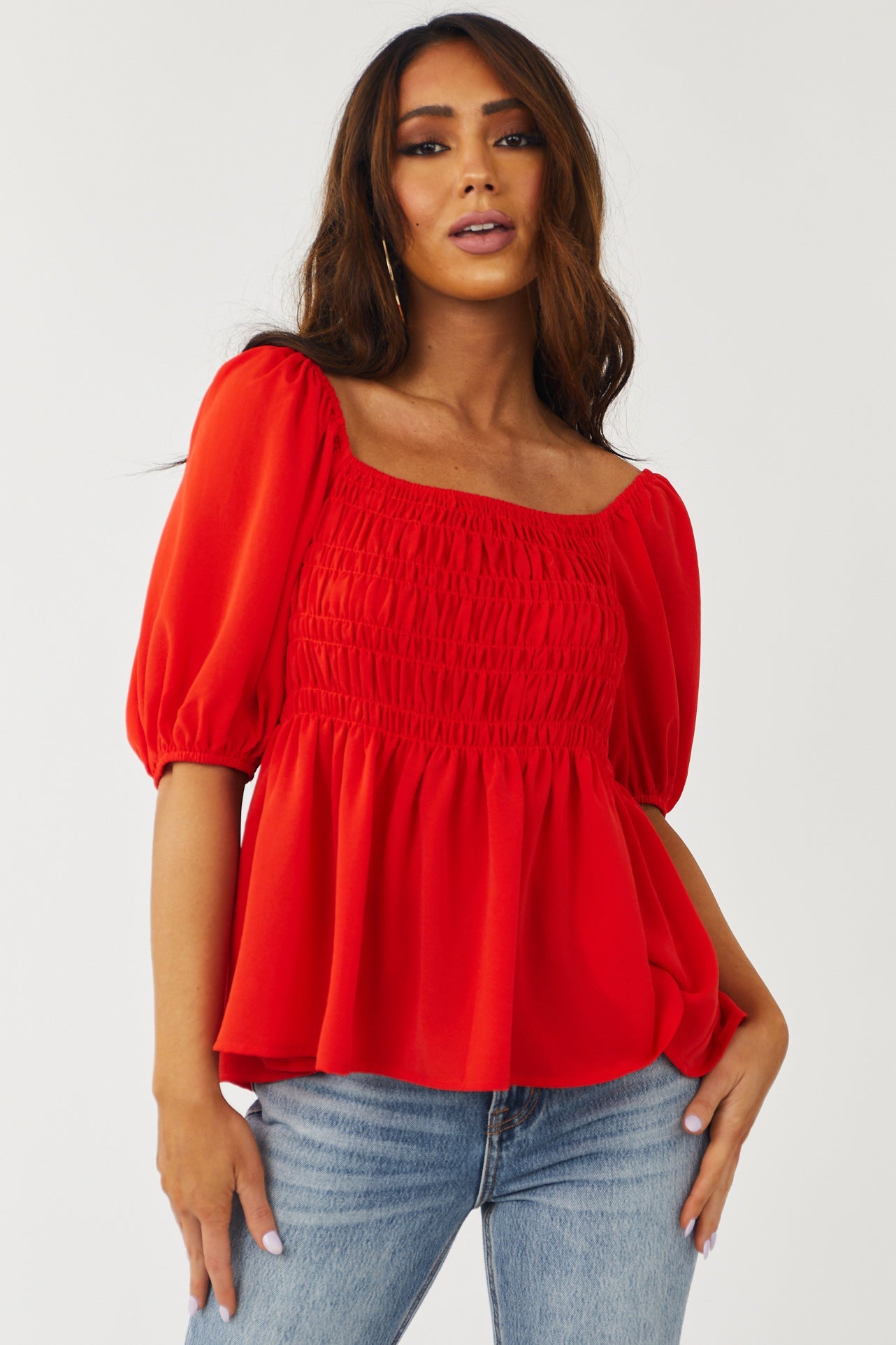 Lipstick Red Half Sleeve Smocked Peplum Top