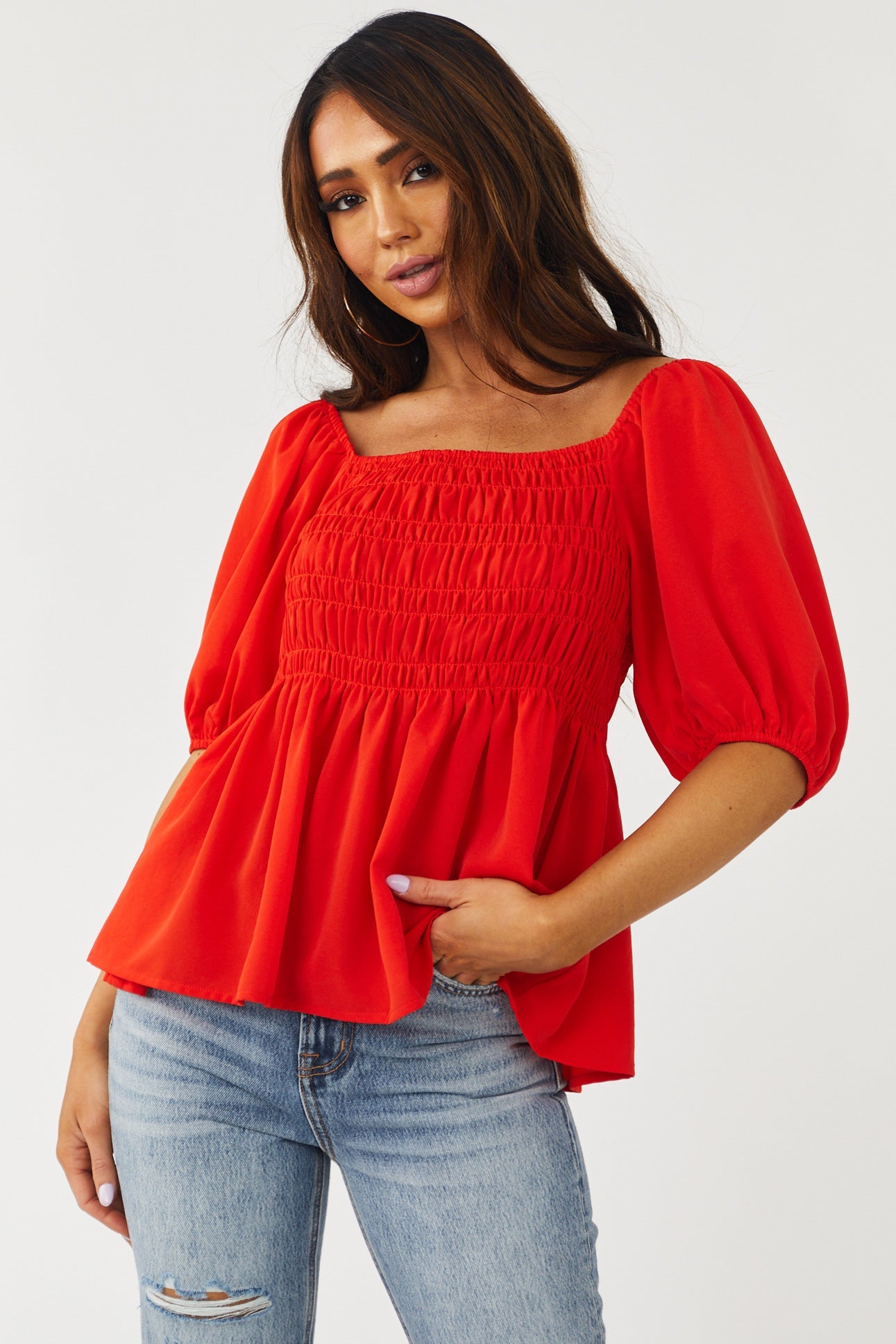 Lipstick Red Half Sleeve Smocked Peplum Top