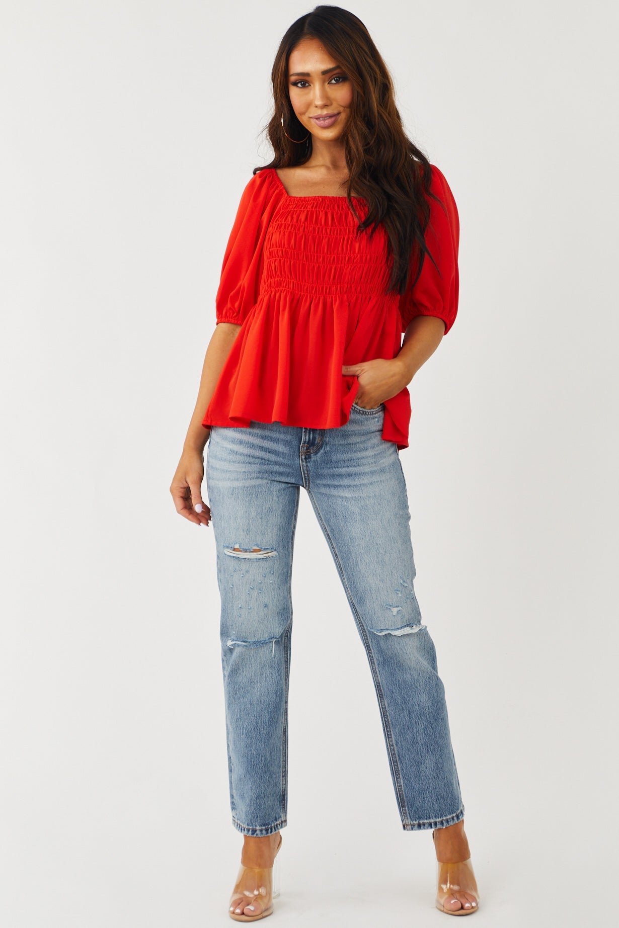 Lipstick Red Half Sleeve Smocked Peplum Top
