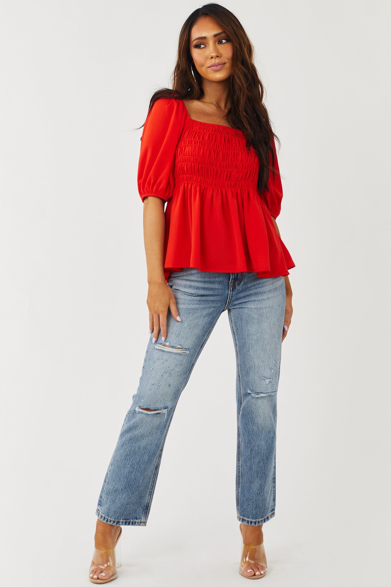 Lipstick Red Half Sleeve Smocked Peplum Top