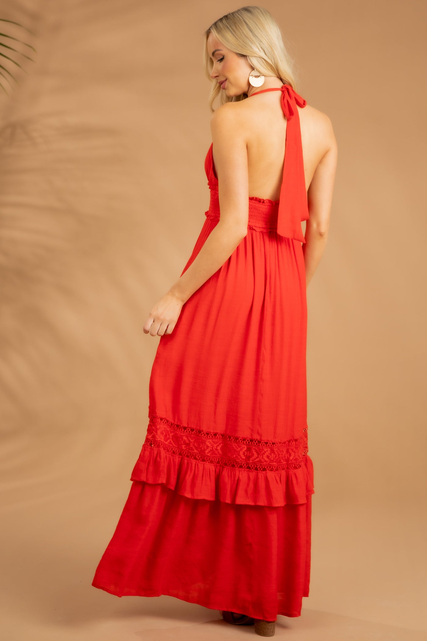 Lipstick Red Halter Neck Maxi Dress with Lace Detail