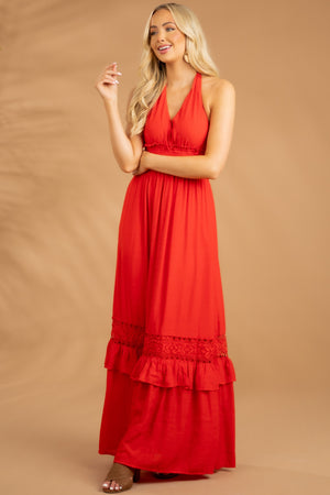 Lipstick Red Halter Neck Maxi Dress with Lace Detail