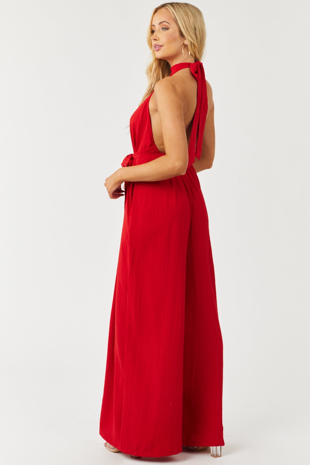 Lipstick Red Halter Neck Wide Leg Jumpsuit
