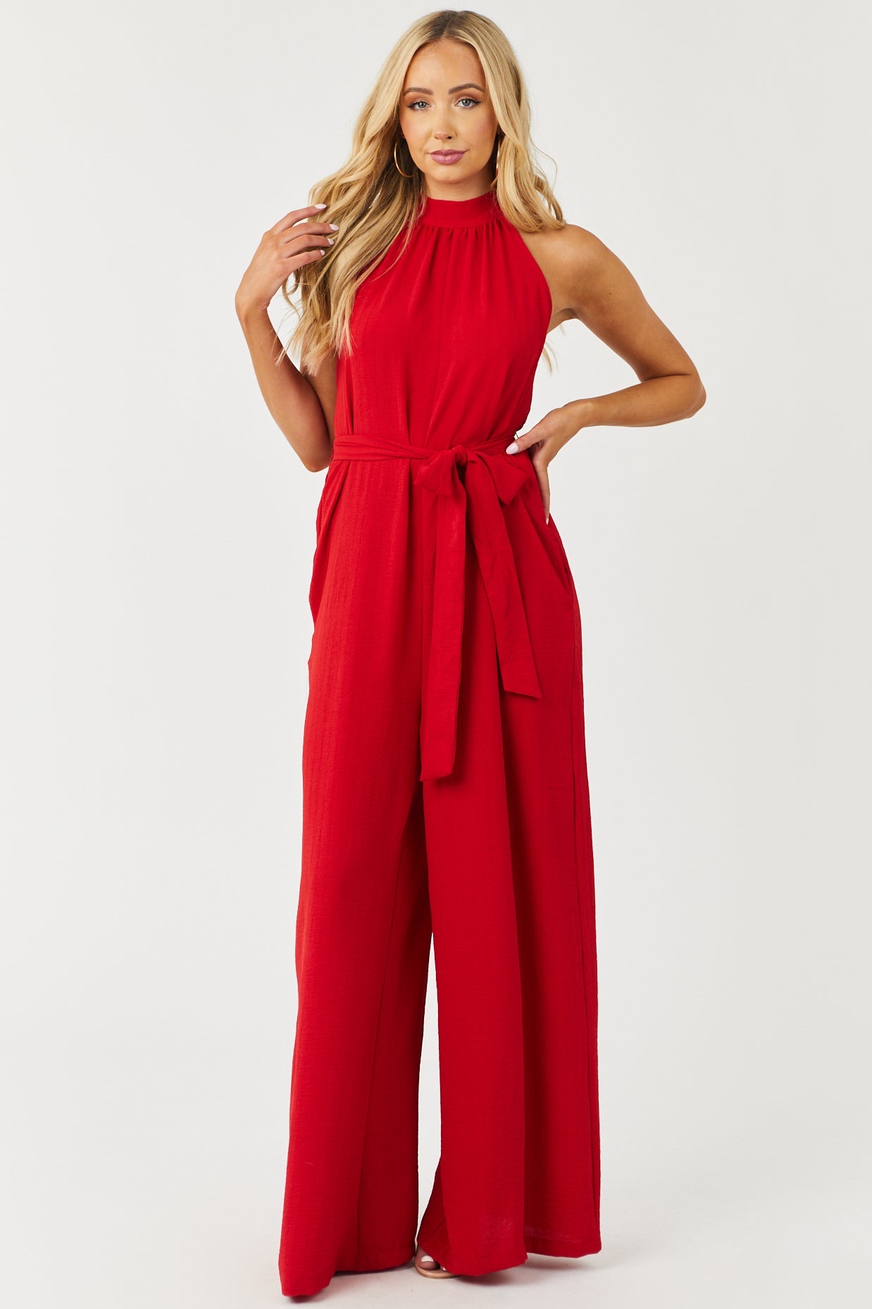 Lipstick Red Halter Neck Wide Leg Jumpsuit